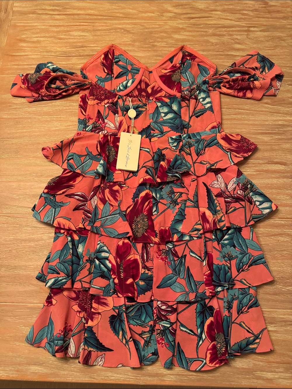 For Love And Lemons Orange Floral Tiered Dress with Teal Leaves - Picture 5 of 6